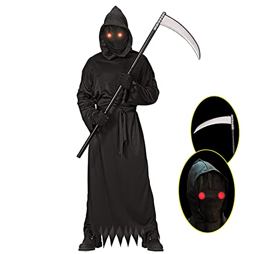 Lomesion Grim Reaper Halloween Costume with Glowing Red Eyes for Adult, Scythe Included