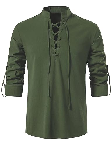 Men's Medieval Renaissance Viking Pirate Costume Long Sleeve Linen Shirt V Neck Lace Up Stand Collar Retro T-Shirt - Image 3