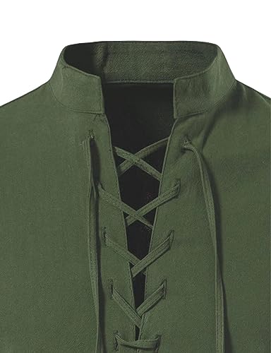 Men's Medieval Renaissance Viking Pirate Costume Long Sleeve Linen Shirt V Neck Lace Up Stand Collar Retro T-Shirt - Image 6