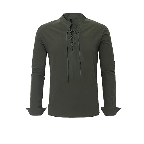Men's Medieval Renaissance Viking Pirate Costume Long Sleeve Linen Shirt V Neck Lace Up Stand Collar Retro T-Shirt - Image 7