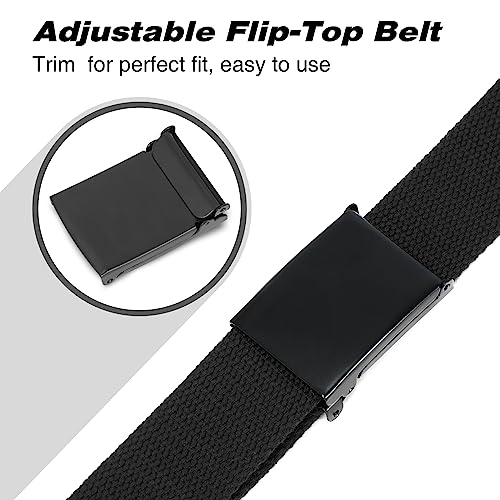 WHIPPY Canvas Web Belt Flip-Top Solid Black Military Buckle Fully Adjustable Mens Webbing Belts Cut To Fit - Image 4