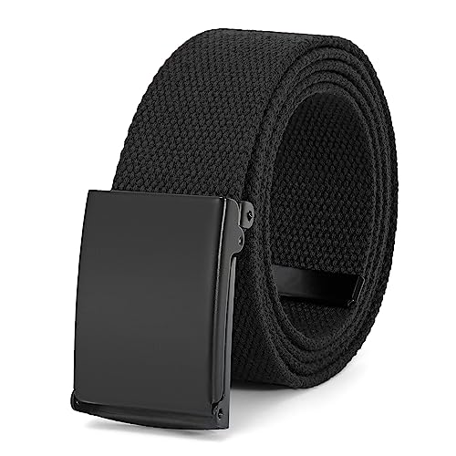 WHIPPY Canvas Web Belt Flip-Top Solid Black Military Buckle Fully Adjustable Mens Webbing Belts Cut To Fit