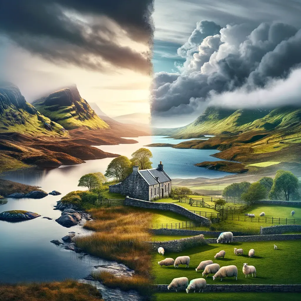 A seamless landscape showing the cultural journey of the Duffie family, with the left side depicting the rugged, misty highlands of Scotland, complete with traditional stone structures and a serene loch, transitioning into the rolling green hills of Ireland on the right, dotted with sheep and a quaint stone cottage, symbolizing the historical migration and cultural blending between Scotland and Ireland.