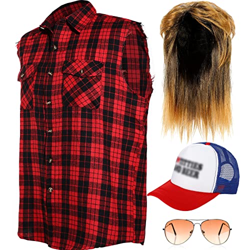 SATINIOR Blonde Mullet Wig for Men 70S 80S Rock Disco Star Style Costume Sleeveless Plaid Shirt Metal Frame Blonde Sunglasses Vintage Style Hat - Image 3