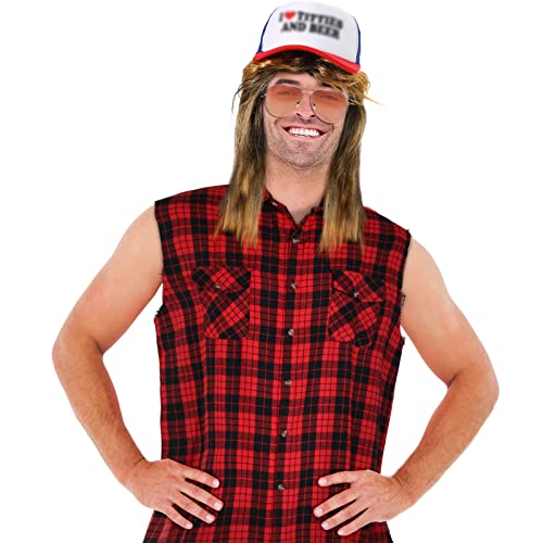 SATINIOR Blonde Mullet Wig for Men 70S 80S Rock Disco Star Style Costume Sleeveless Plaid Shirt Metal Frame Blonde Sunglasses Vintage Style Hat - Image 4